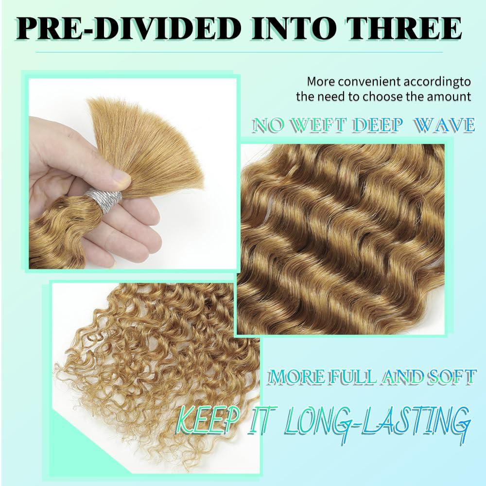 Renyarch Blonde Human Braiding Hair for Boho Braids 14 Inch 100g Human Hair Braiding Hair Deep Wave Bulk Human Hair for Braiding No Weft Brazilian Virgin Curly Human Hair Brading Hair Extensions 27#