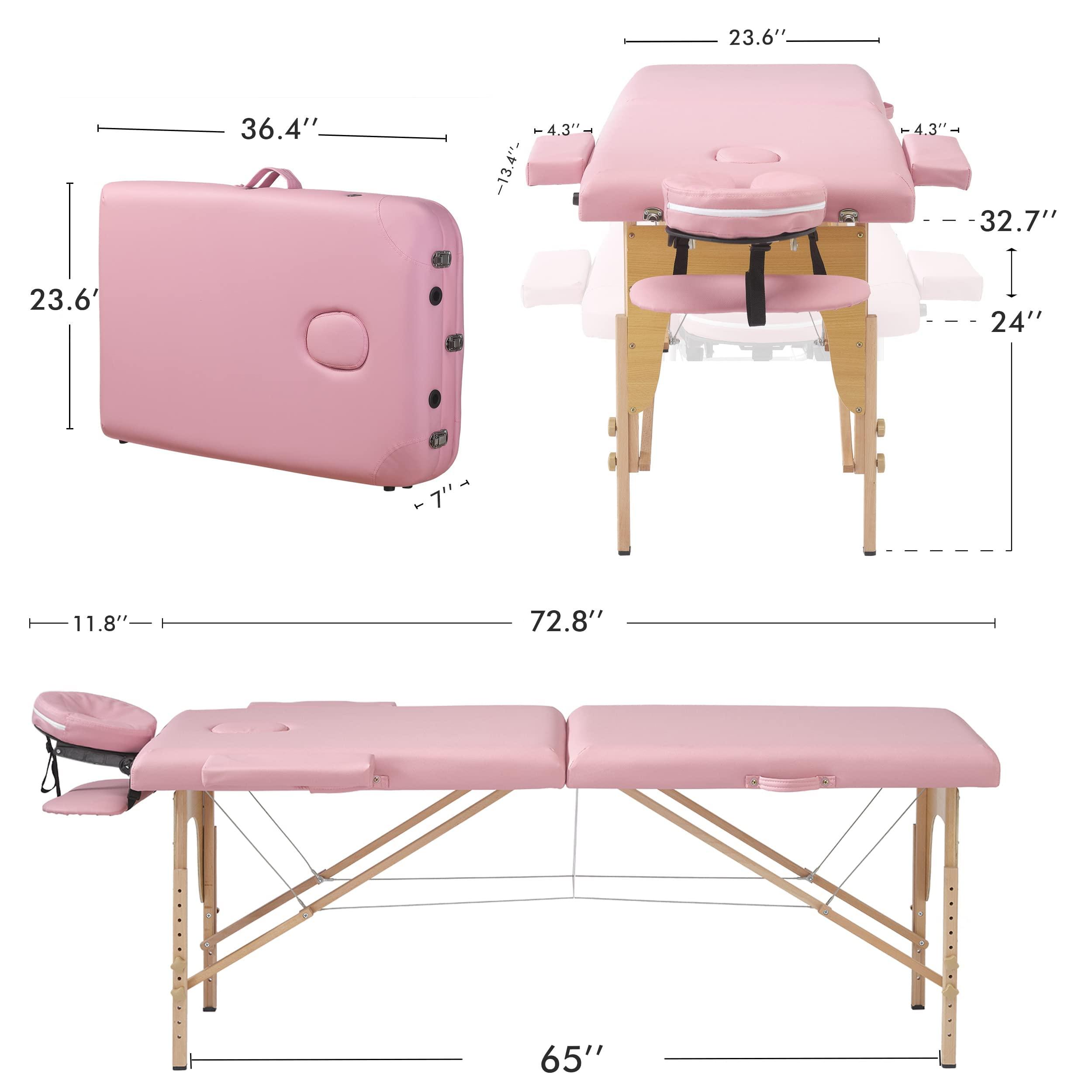 Prilinex Prilinex Portable Folding Massage Table - 2 Sections Massage Bed Spa Table with Carrying Bag, Face Cradle, Armrest & Hand Pallet - Easy Set Up, Lightweight, Height Adjustable 24" to 33" Pink