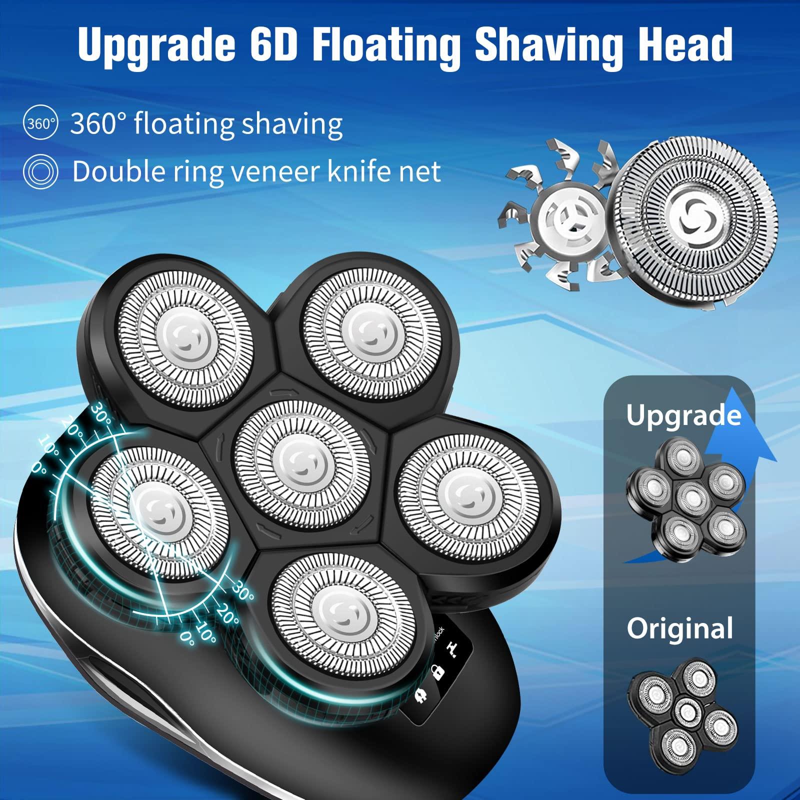 Sakioo Electric Head Shaver for Bald Men, 6 in 1 Mens Electric Head Razor Bald Head Shaver Cordless Electric Razor Men, IPX7 Wet/Dry Waterproof Skull Shaver with Head Shaver Kit LED Display