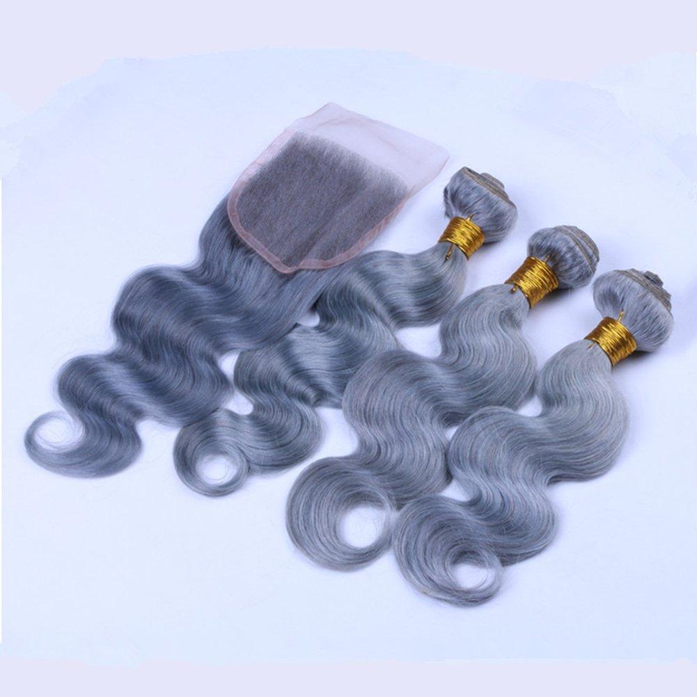 Ruma Hair Ruma Hair Pure Grey Hair Weave 3 Bundles With 4x4'' Lace Closure Silver Grey Body Wave Wavy Virgin Human Hair Extensions With Free Part Top Closures Piece (20 with 22 24 26)