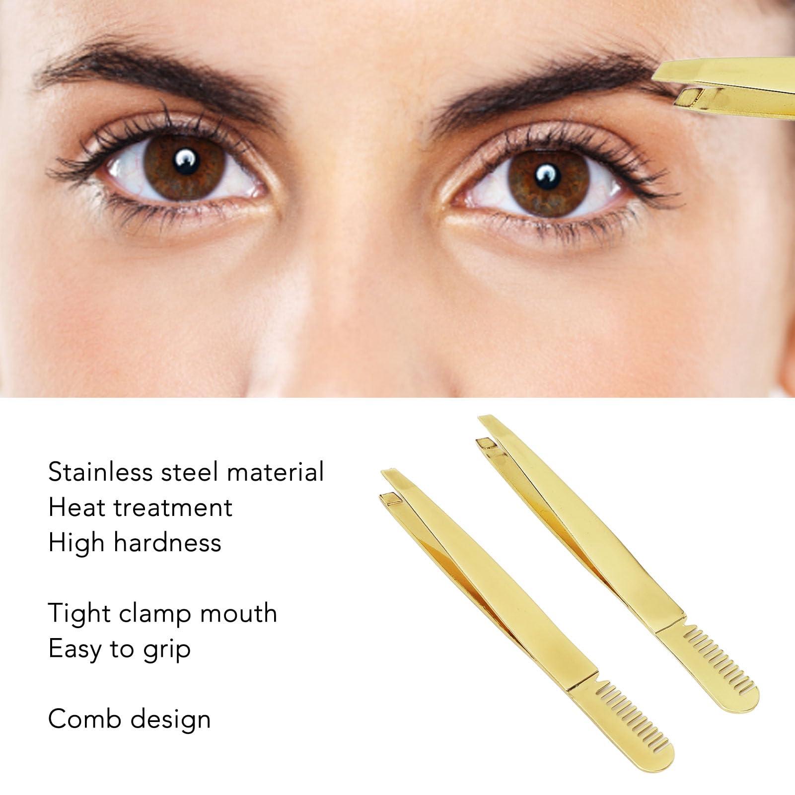 TITA-DONG 2pcs Slant Pointed Tweezer with Comb, Stainless Steel Eyebrow Tweezer Set, High Hardness Double Headed Tweezer Comb, Professional Eyebrow Trimming Tool for Women Facial, Golden
