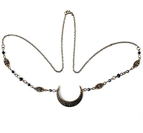 Doubnine DoubleNine Crescent Moon Drop Pendant Tassels Head Chain Black Beads Headband Retro Natural Stone Crystal Hair Accessories Headpiece for Women Bride Wedding (Black Small Beads)