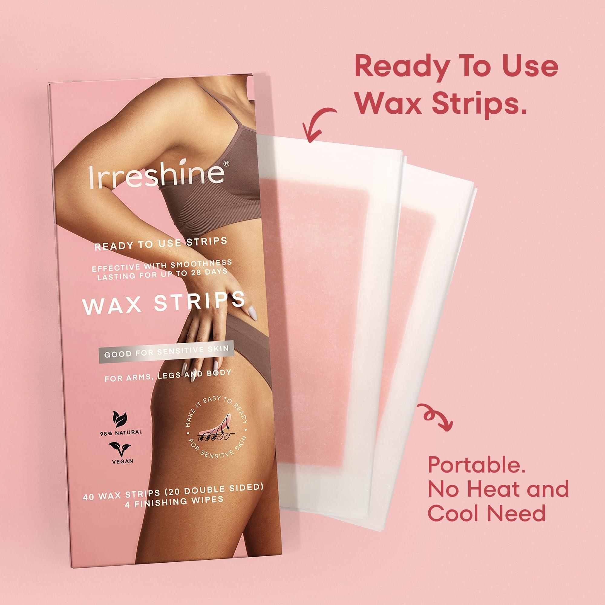 irreshine Wax Strips Hair Removal for Women: Natural Home & Travel Brazilian Body Waxing Strip for Bikini Armpit Leg - Vegan & Sensitive Skin Friendly, 40 Ct With Wipes
