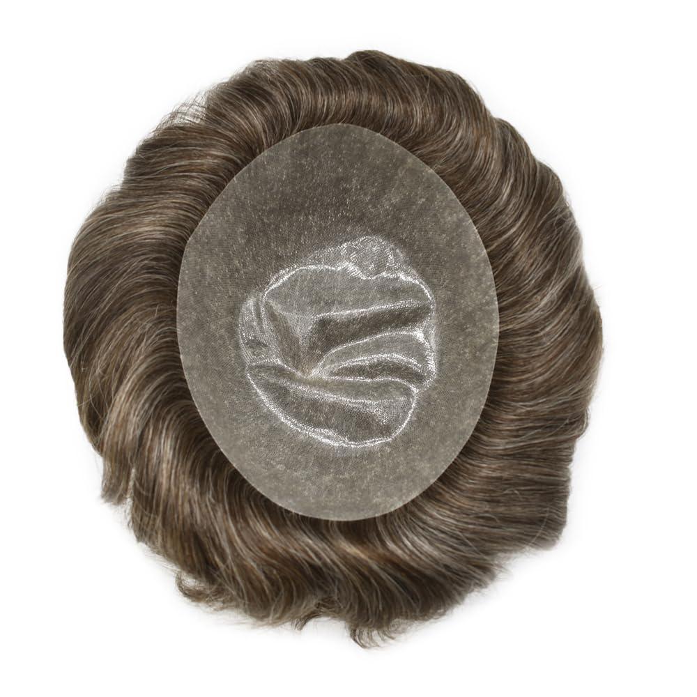 Generic Toupee for Men Hair Replacement System All Poly Mens Toupee Human Hair Units Skin PU Mens Hair Piece Grey Black Brown Patch Wigs (#340 3# DARK BROWN WITH 40% SYNTHETIC GREY)