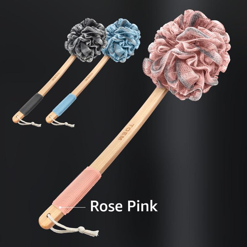 toem Toem Loofah Back Scrubber for Shower | Bamboo Charcoal Fiber Infused | Loufas for Men & Women | Includes 1 Long Handled Shower Sponge, 1 Bath & Shower Luffa Pouf & 1 Hook to Hang Stuff (Rose Pink)