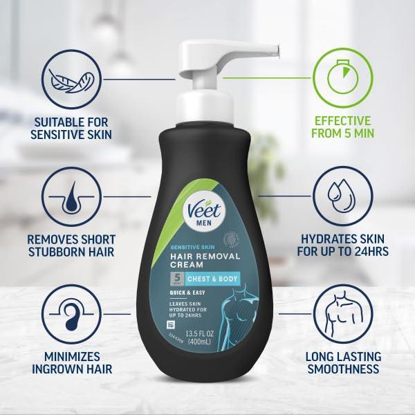 Veet Veet Sensitive Skin Dermatologically Tested 13.5 Fl Oz. 5 Min Men\'s Hair Removal Gel Cream with Spatula For Body, Chest & Back (2 Pack)