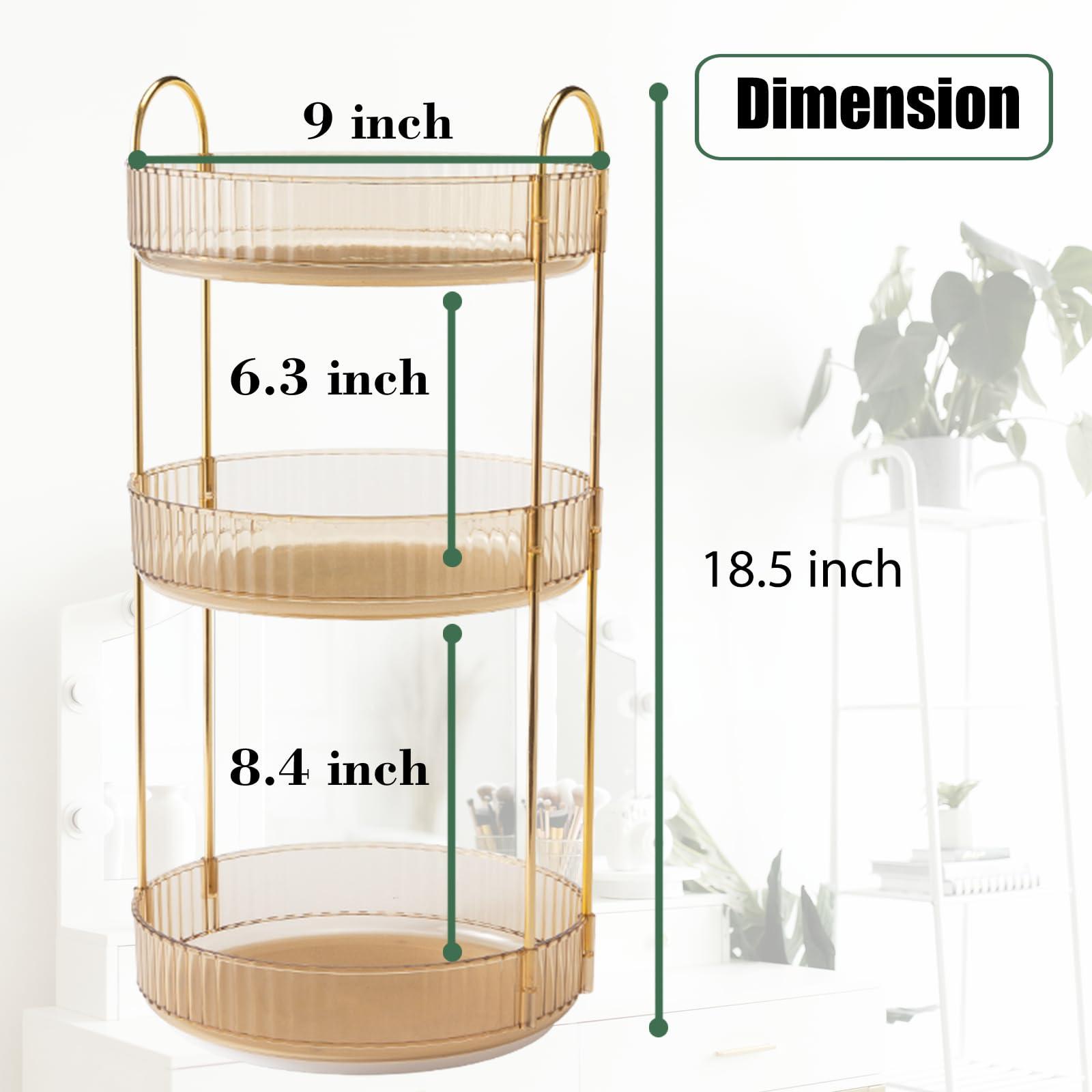Zufudo Zufudo Rotating Makeup Organizer Countertop 3 Tier Lazy Susan Trays Clear Skincare Perfume Storage for Bathroom Counter Vanity, Amber Gold