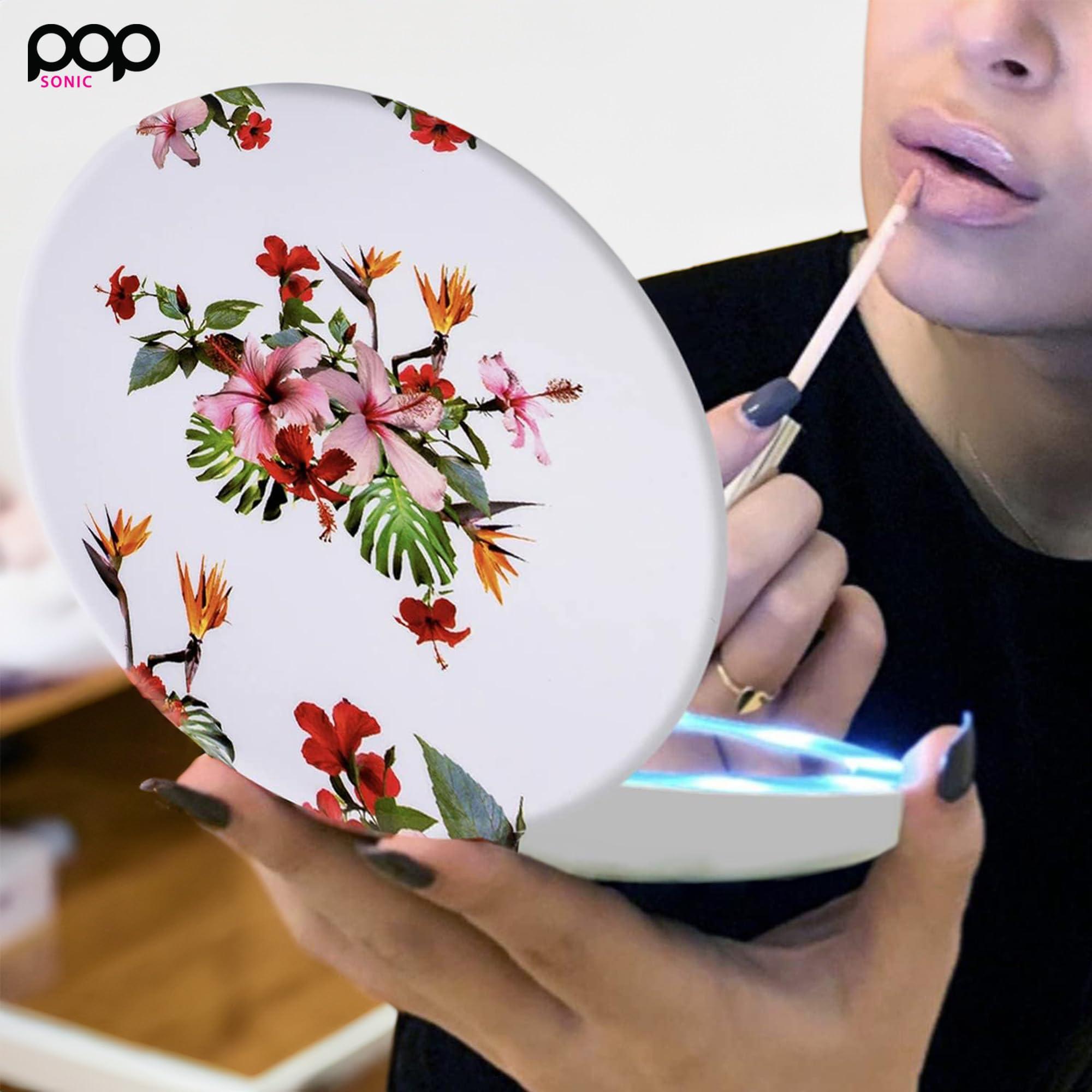 Pop Sonic LED Compact Mirror - White Floral | Portable Makeup Mirror - 5" Foldable - 1X & 5X Lighted Magnifying Mirror