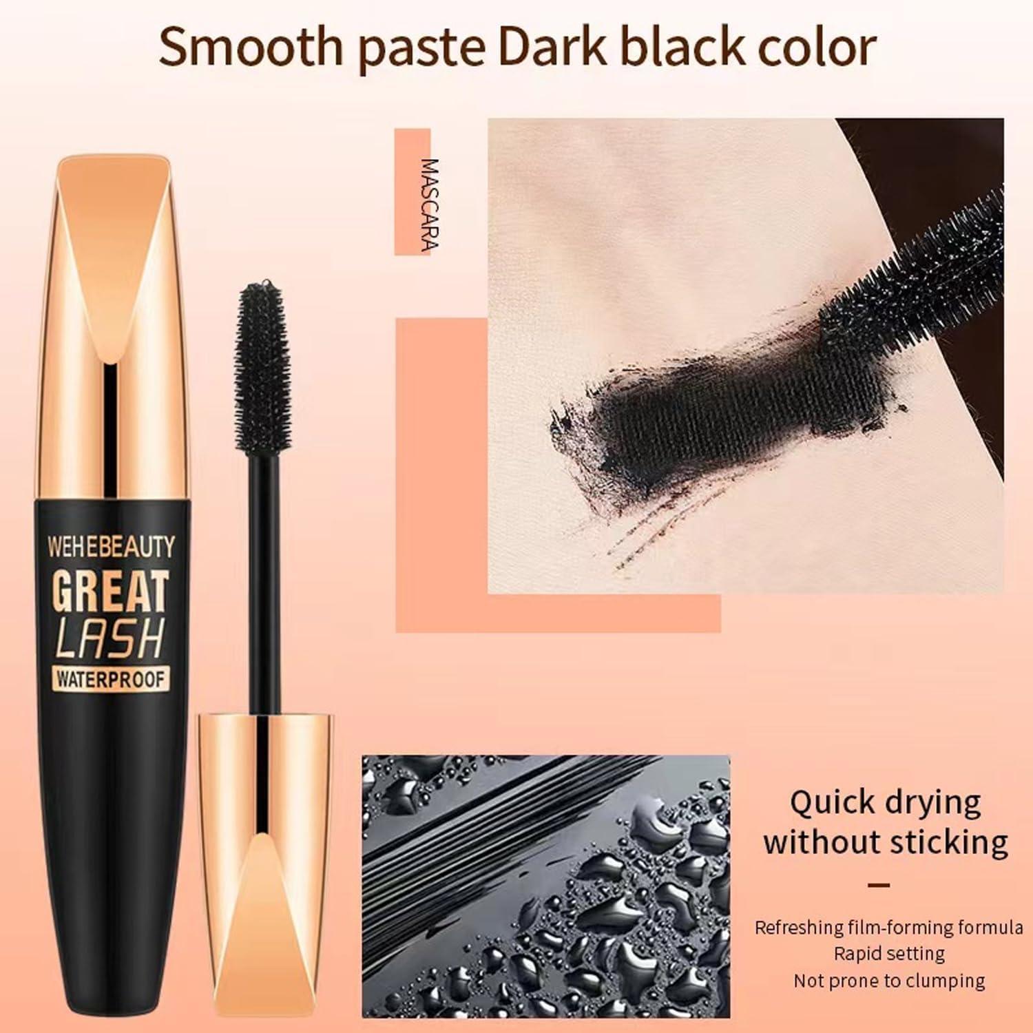 JIYEHG Wehebeauty Great Lash Waterproof mascara, Black Mascara Eyeliner Set, 4D Waterproof Silk Fiber Thick Lengthening Mascara, Thickening Natural No Clumping, NO Smudging, Lasting All Day (5 Set)