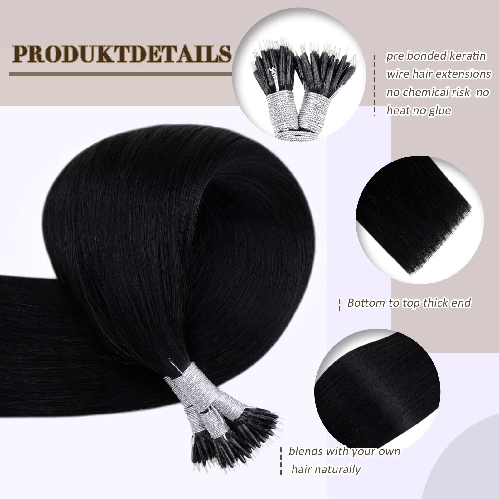 Vivien Vivien 24 Inch Nano Bead Hair Extensions Real Human Hair Jet Black Nano Extensions Human Hair Black Invisible Long Human Hair 50G/50S