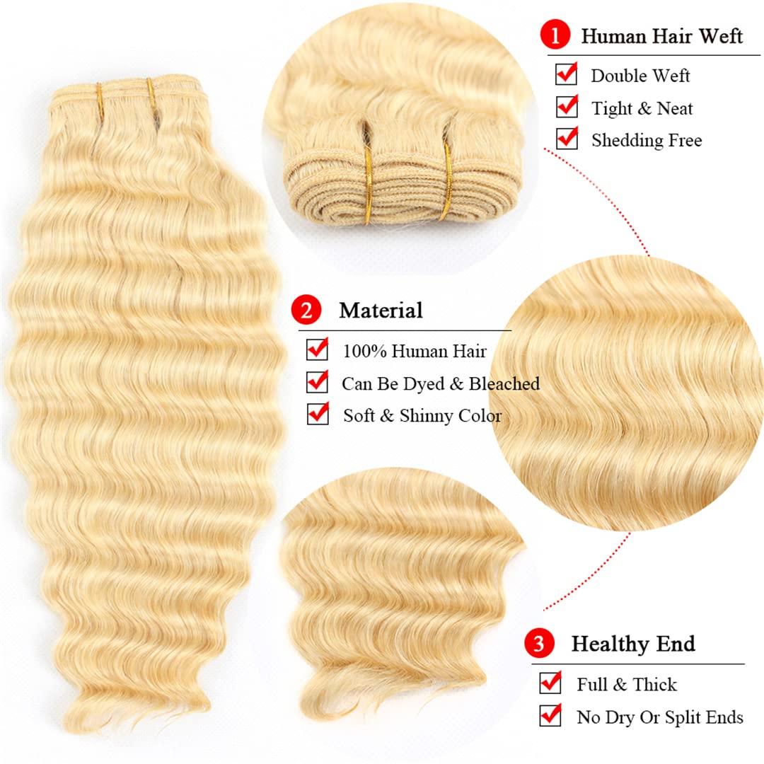 FInspiational 613 Honey Blonde Human Hair Weave 3 Bundles With Frontal Brazilian Deep Wave Hair Extensions Golden Natural Remy Hair 4Pcs/Lot #613 14 16 18 Frontal 12 Free Part