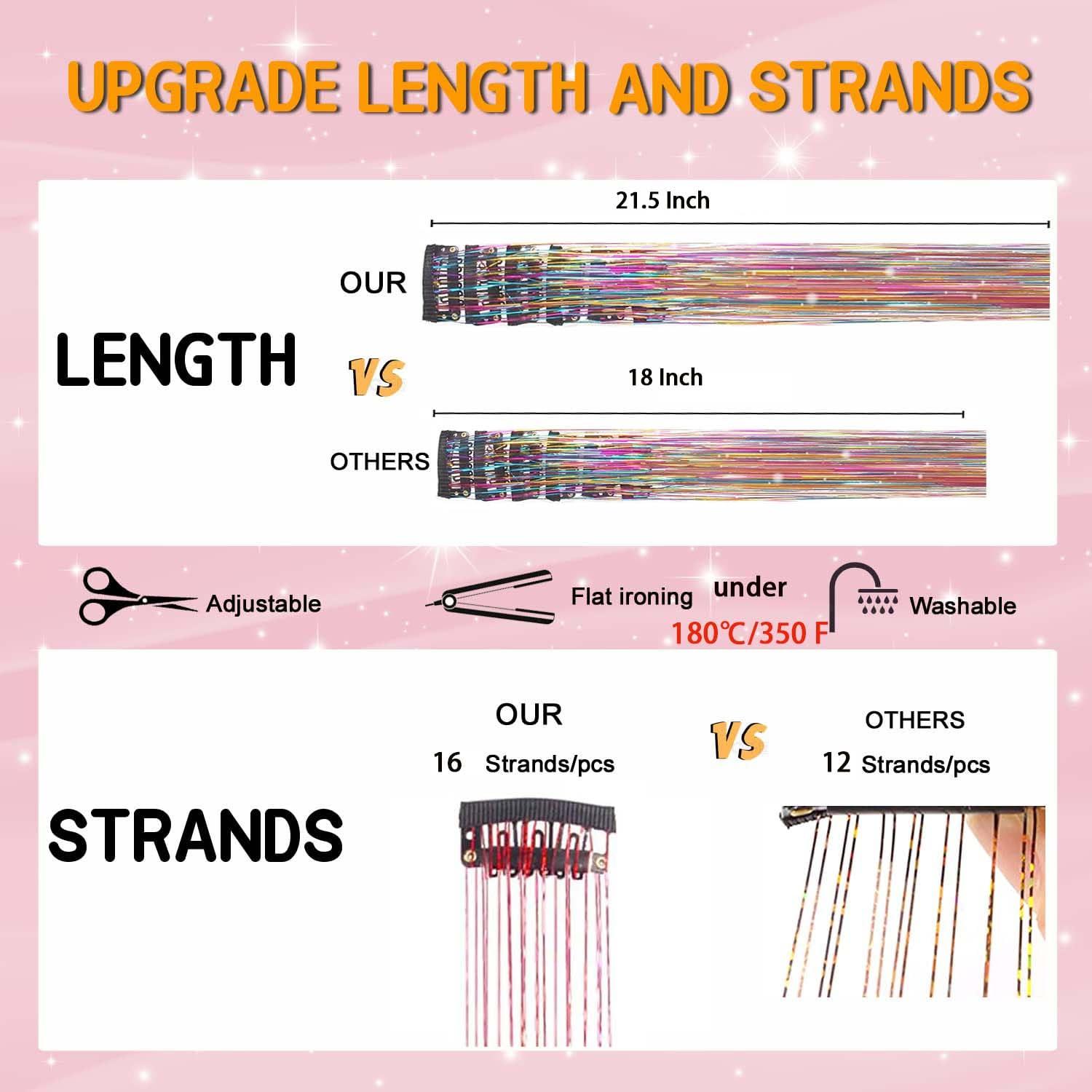 Luckyaisha Hair Tinsel Clip in Tinsel Hair Extensions Silver Fairy Glitter Hair Tinsel Kit for Women Heat Resistant 21.5In 6Pcs Festival Hair Accessories for Party, Christmas, New Year, Halloween, Cosplay