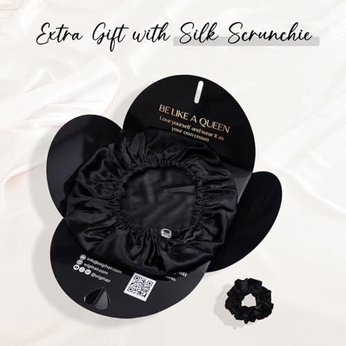 WIGI WIGI 100% Mulberry Silk Bonnet with Scrunchie Gift for Women, Silk Bonnet for Sleeping, Shower Cap Hair Bonnet, Silk Hair Wrap for Hair Care (100% Mulberry Silk (Round design), Black)