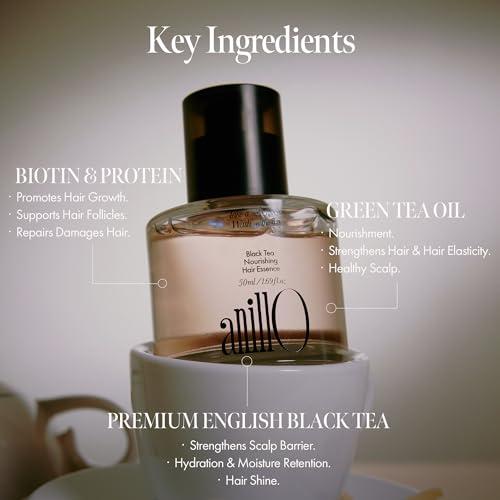 ANILLO Black Tea Nourishing Hair Essence with Green Tea, Protein & Biotin for Nourishment and Shine, Creamy Woody Scent, Paraben-Free (50ml / 1.69 fl. Oz)