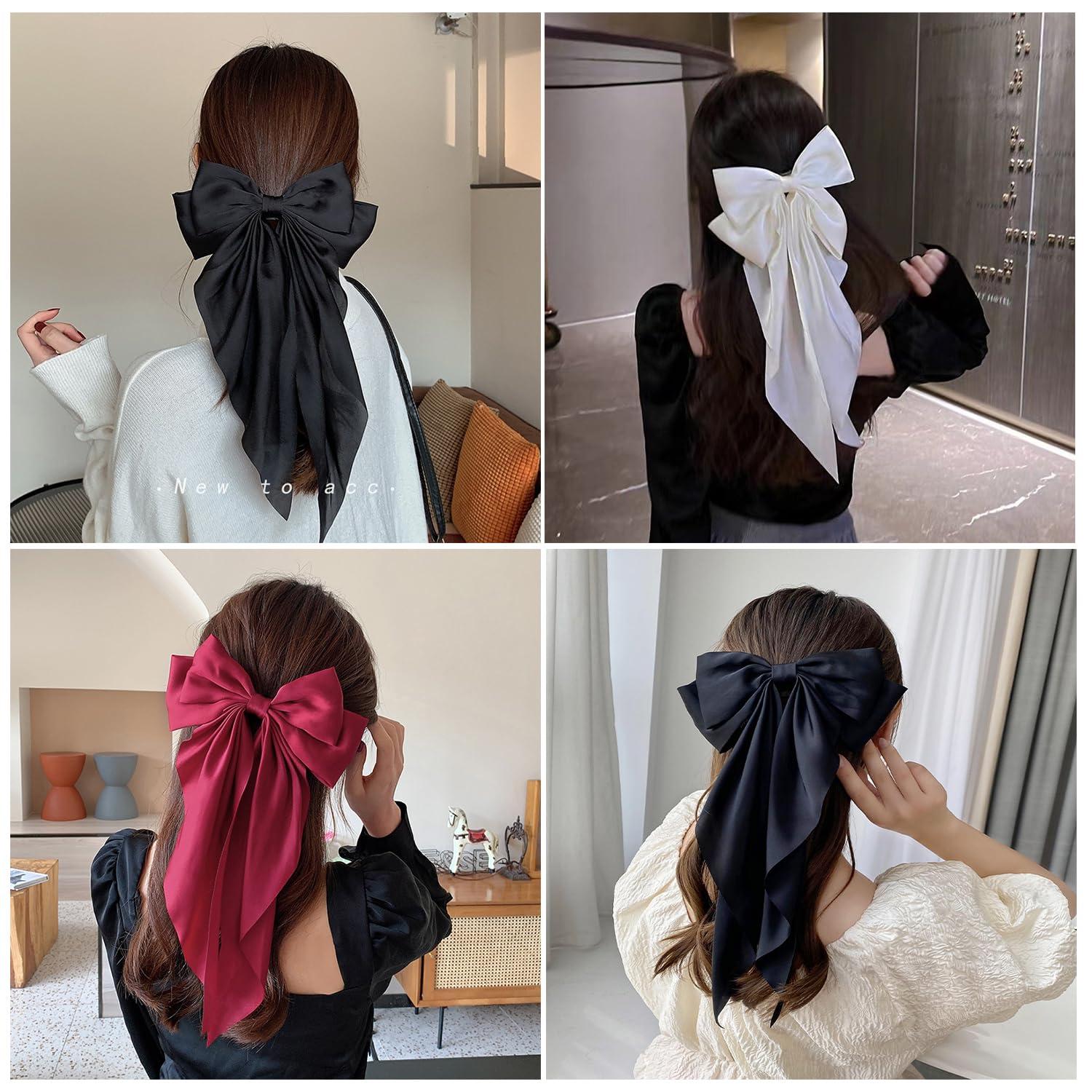 TULOBI Large Hair Bows with Long Tail 2PCS Black Bow Hair Clip with Metal Spring Clamp Soft Satin Hair Ribbon for Women Girls