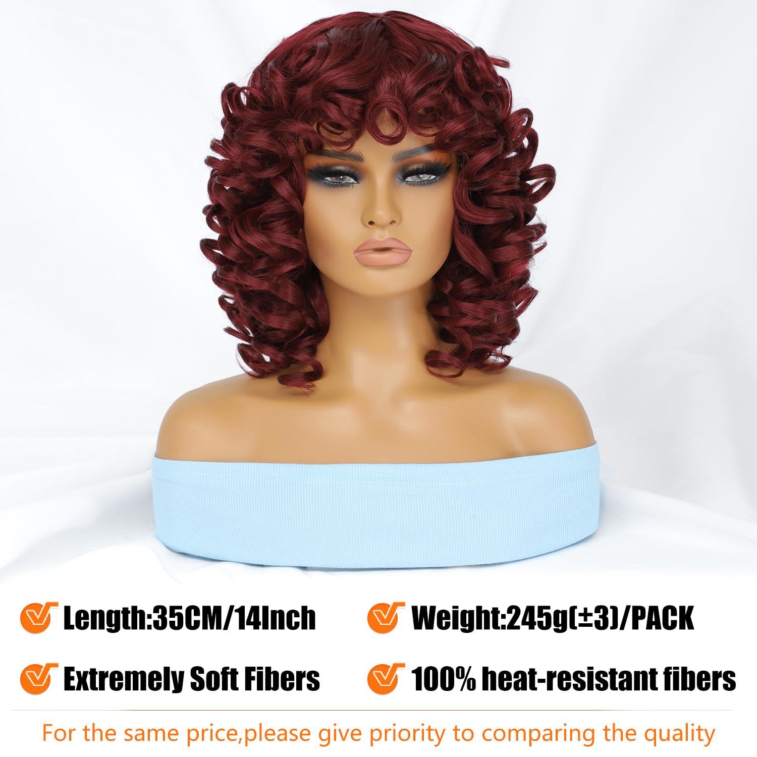 Felek Felek Short Curly Afro Wigs with Bangs for Black Women Short Burgundy Afro Big Curly Wigs for Women Synthetic Heat Resistant Cute Bouncy Loose Curly Wigs for Black Women 250g (14 Inch, BUG)