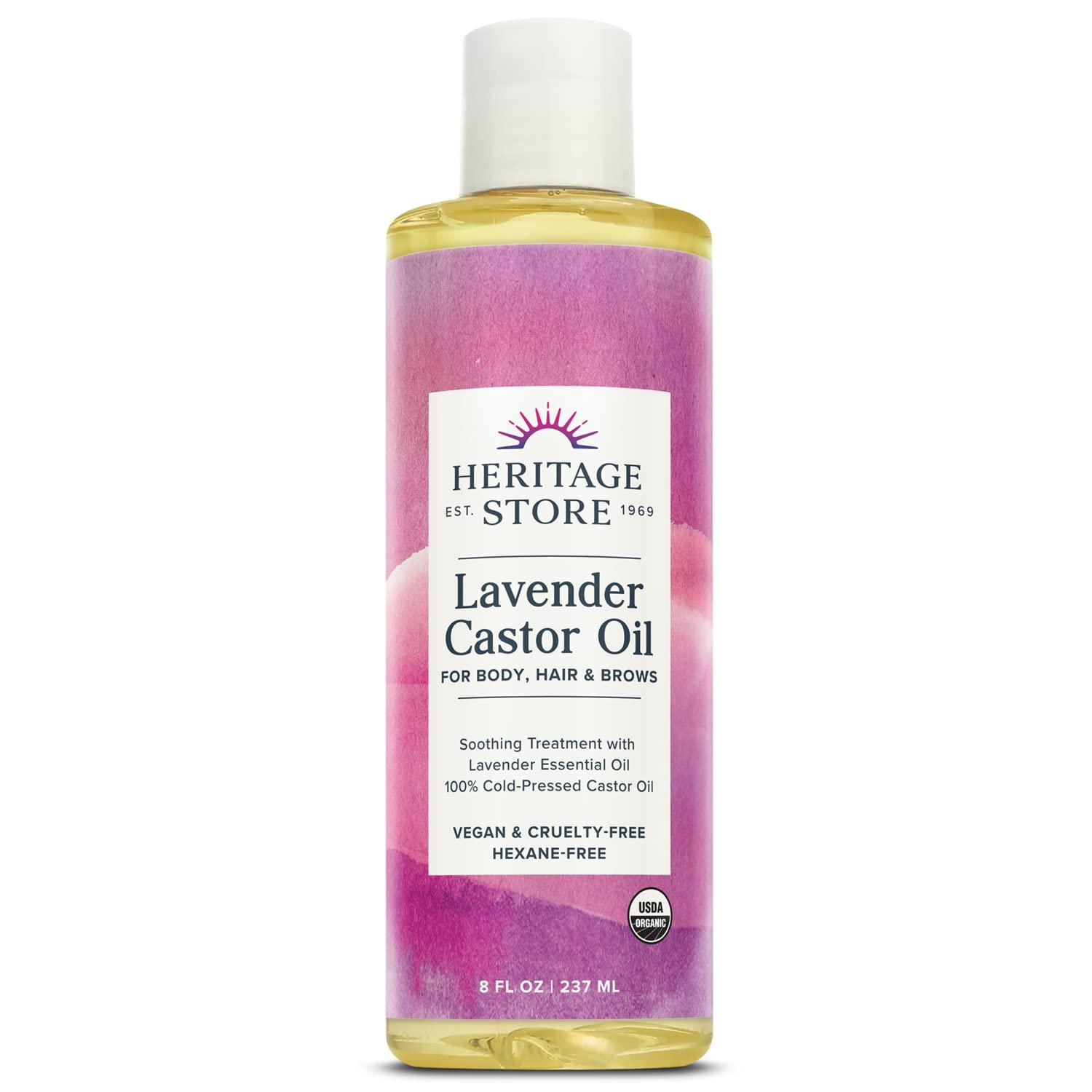 HERITAGE STORE Heritage Store Lavender Castor Oil, Organic, Soothing Treatment with Lavender Essential Oil, Deep Hydration for Healthy Hair Care, Skin Care, Castor Oil Packs, Natural Lavender Scent, Vegan, 8oz