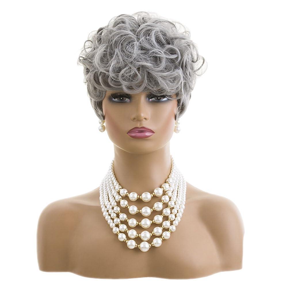 MOONSHOW MOONSHOW Grey Pixie Cut Wig Short Grey Wigs for Black Women Pixie Cut Wig Short Pixie Gray Wigs for Blcak Women Synthetic Pixie Wig Natural Wavy Short Curly Gray Pixie Cut Wigs for Old Women(Grey)