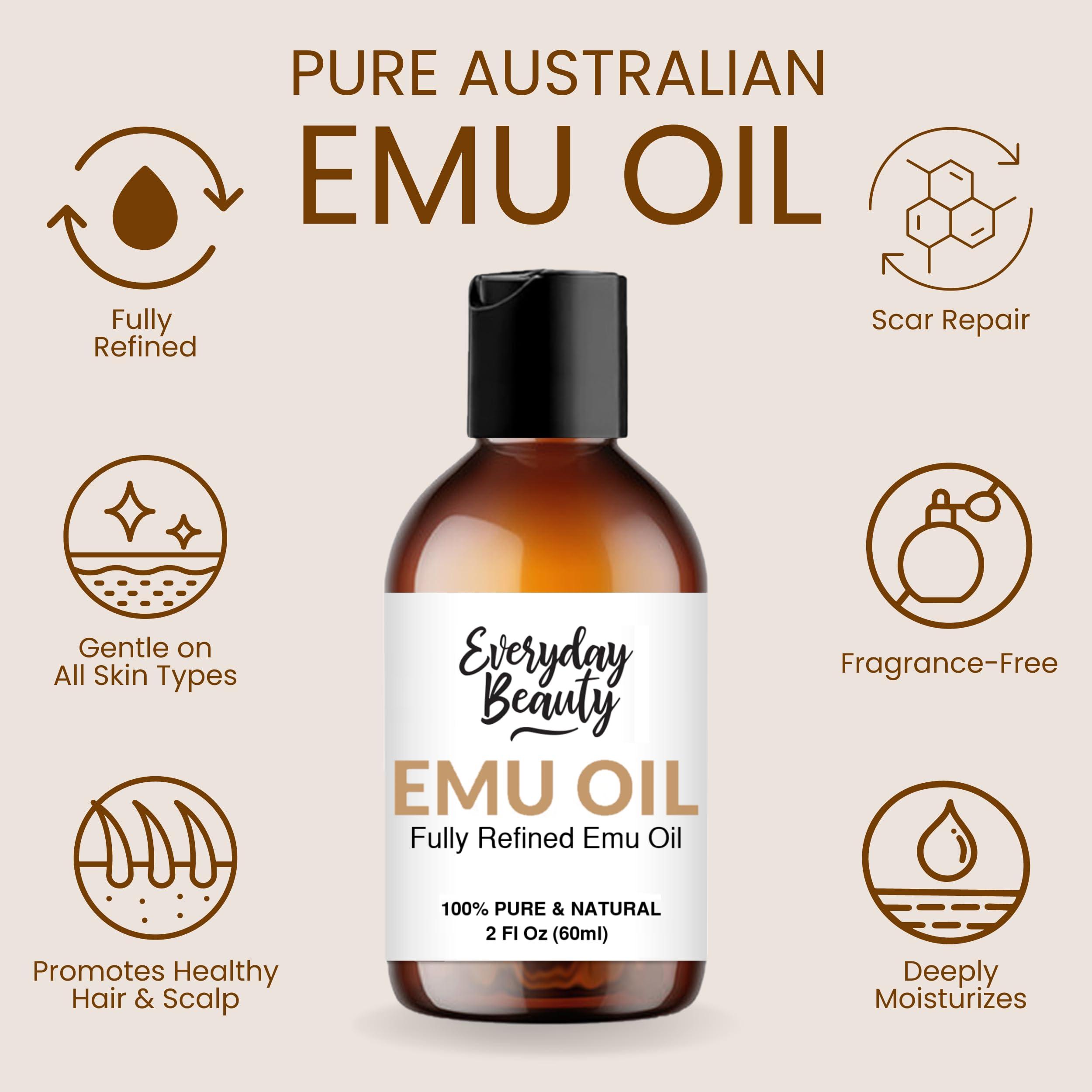 Everyday Beauty Helping You Feel Beautiful Ins Pure Australian Emu Oil - All Natural 6X Refined for Face, Skin and Hair - Highly Effective Hydration for Sensitive Skin and Hair Growth - Perfect for Scars and Blemishes - 2 Fl Oz