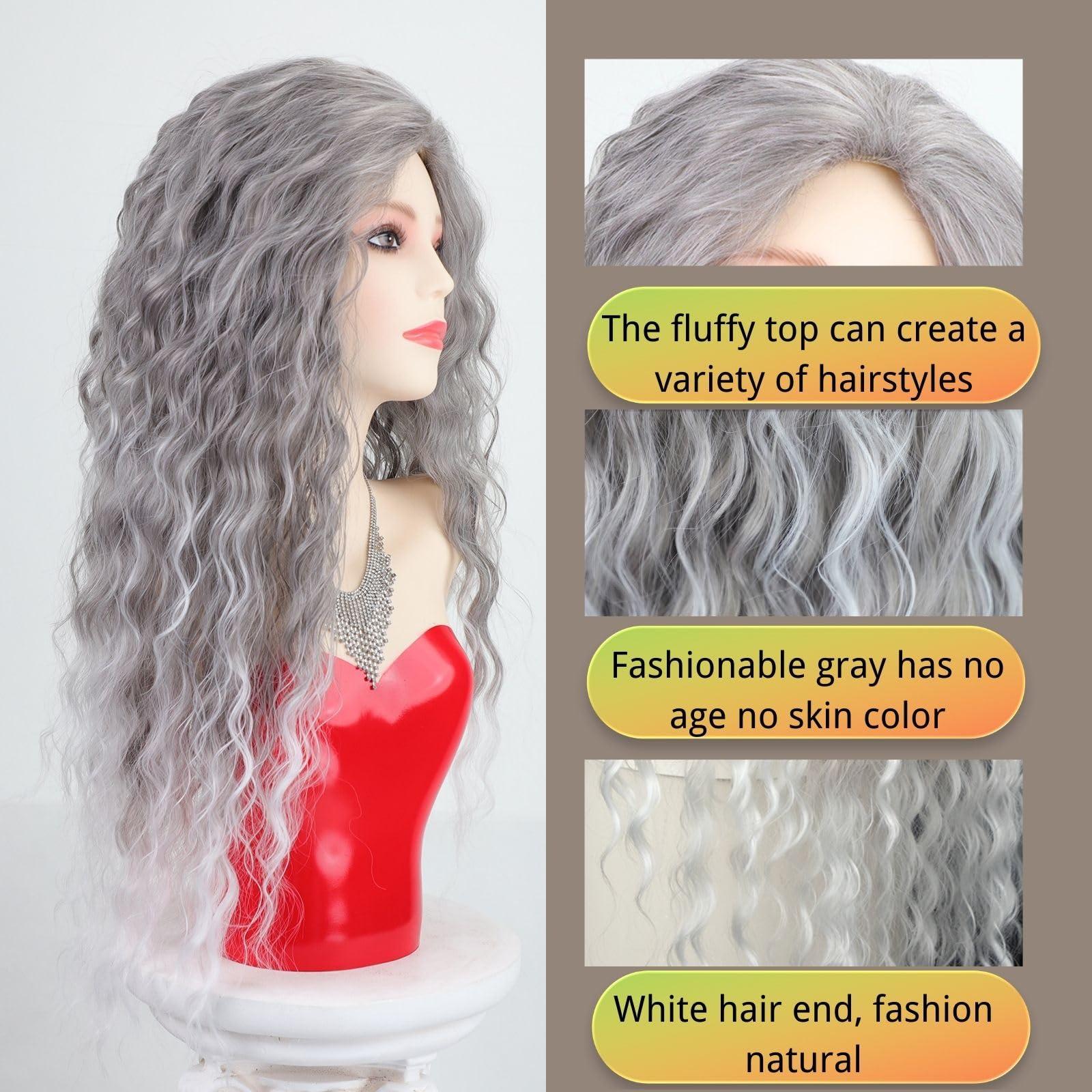 Fencca Fencca Grey Long Curly Wig Synthetic Mixed Gray Wave Curly Wigs for Women Free Part Full Curly Wig Layered Long Wavy Grey Wig