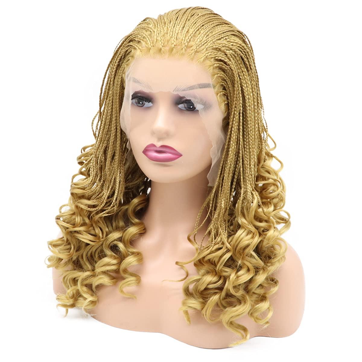 karissa Hair 613 Blonde Braided Wigs for Black Women Short Micro Braids Curly Lace Front Synthetic Wig Pre Plucked Hairline Gold Frontal Handmade Braiding Glueless Heat Friendly Hair Daily Cosplay Party 16Inch