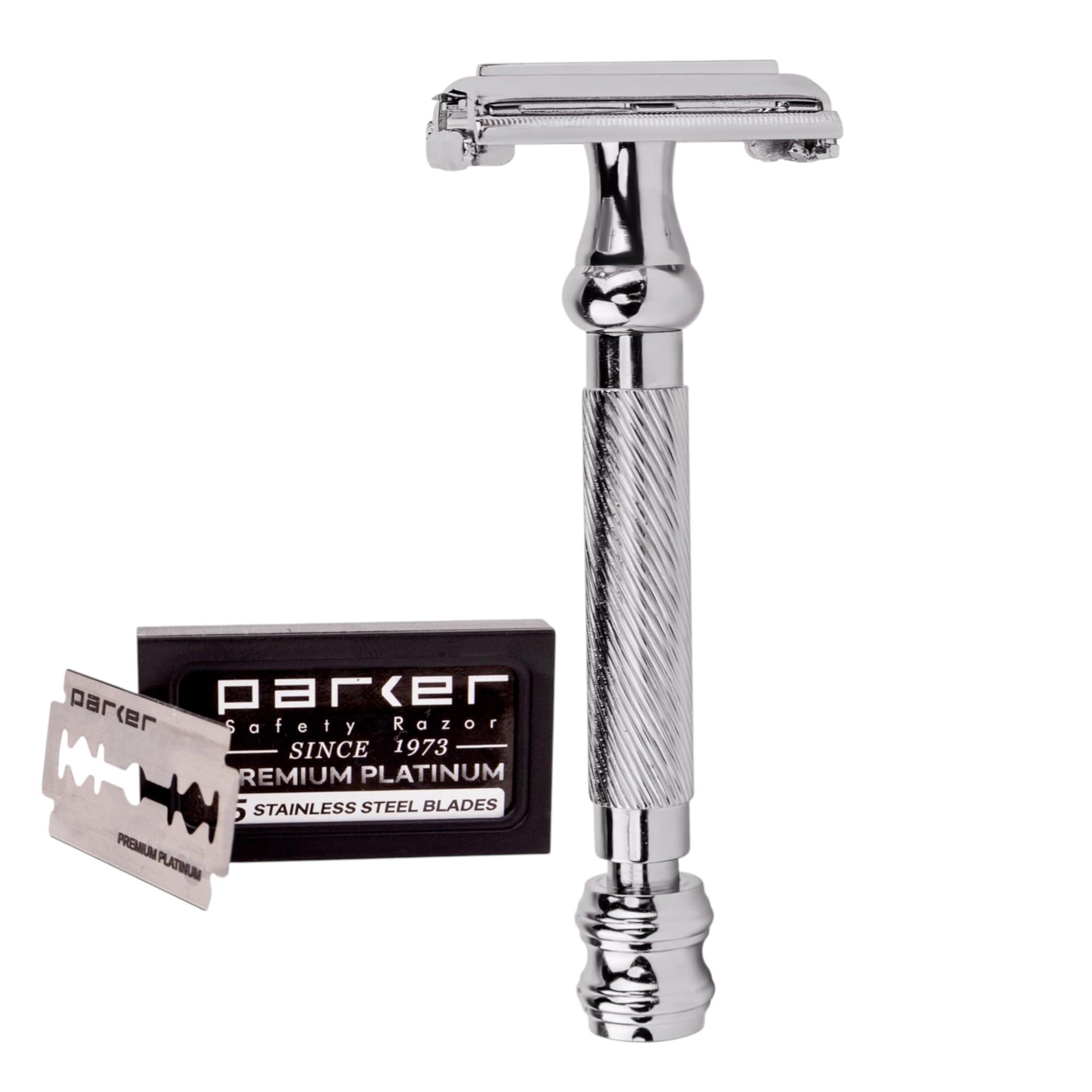 Parker Safety Razor Parker 99R Chrome Long Handle Heavyweight Butterfly Open Double Edge Safety Razor for Men, 5 Parker Premium Platinum Double Edge Razor Blades Included