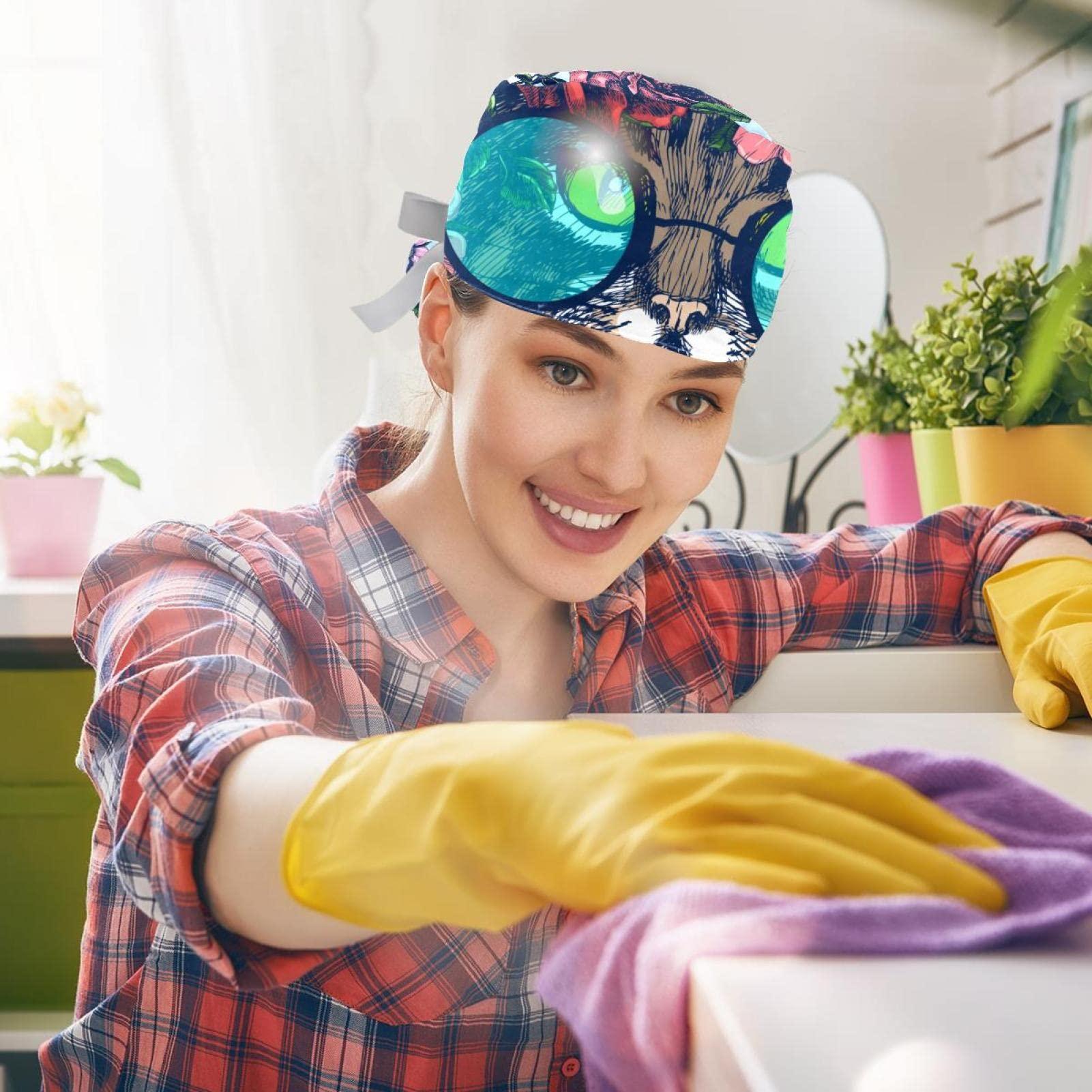 Lyetny Maine Coon Cat with Floral Wreath and Round Sunglasses Scrub Caps Hats Women Bouffant Working Hat Ponytail Holder for Women Long Hair Covers 2PCS