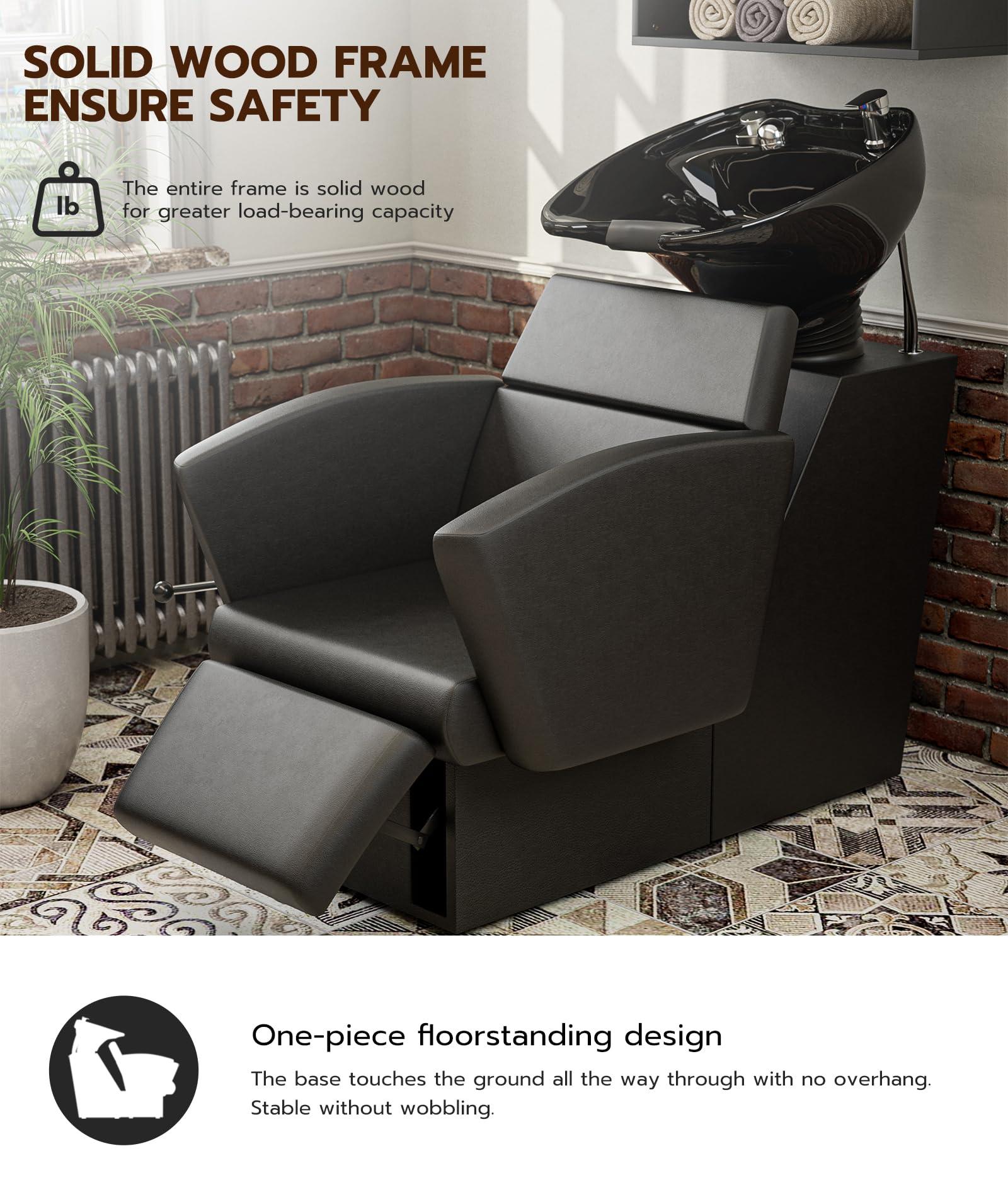 Icoget Icoget Shampoo Bowl and Chair Set for Salon, Hair Washing Station w/Reclining Legrest & Tilting Deep Porcelain Sink, Backwash Barber Shampoo Equipment for Beauty Spa Barbershop, Black