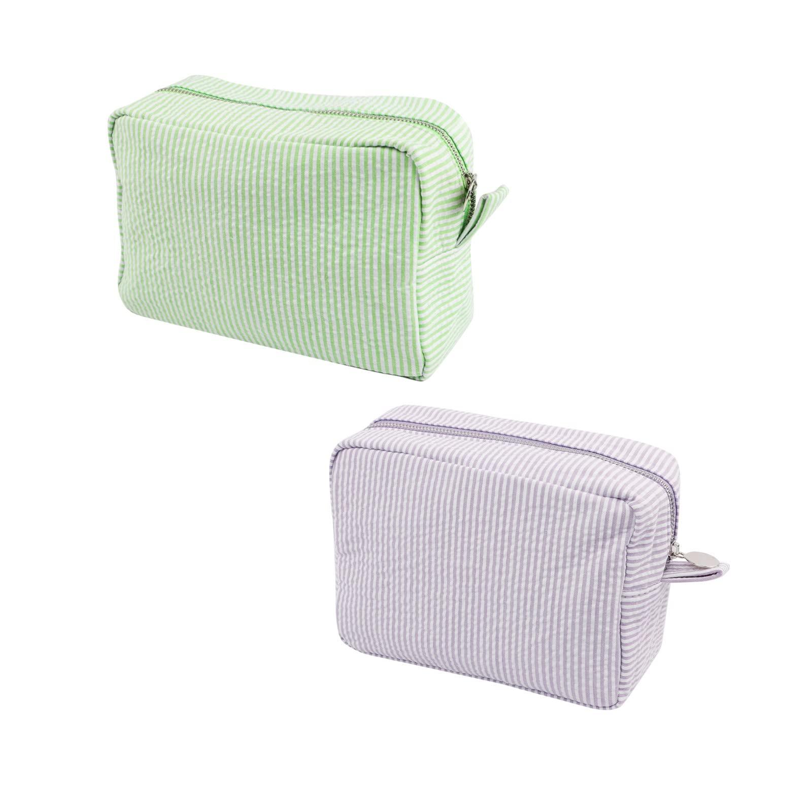 GFU Seersucker Cosmetic Bag, Large Makeup Pouch Travel Toiletry Case with Zipper Closure Seersucker Cosmetic Organizer for Women Girls, Baby Diaper Bag Organizer