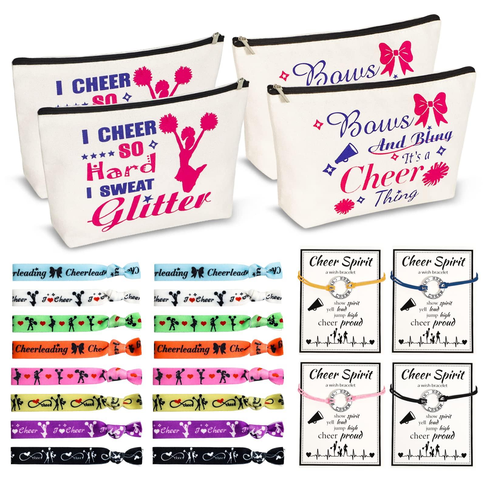 BEDSIFV BEDSIFV Cheerleader Gifts, 24pcs Cheerleading Gifts for Girls 4 Cheer Makeup Bags 16 Hair Ties 4 Wish Bracelets Personalized Cheer Stuff for Cheerleaders Cheer Sister Cheer Mom