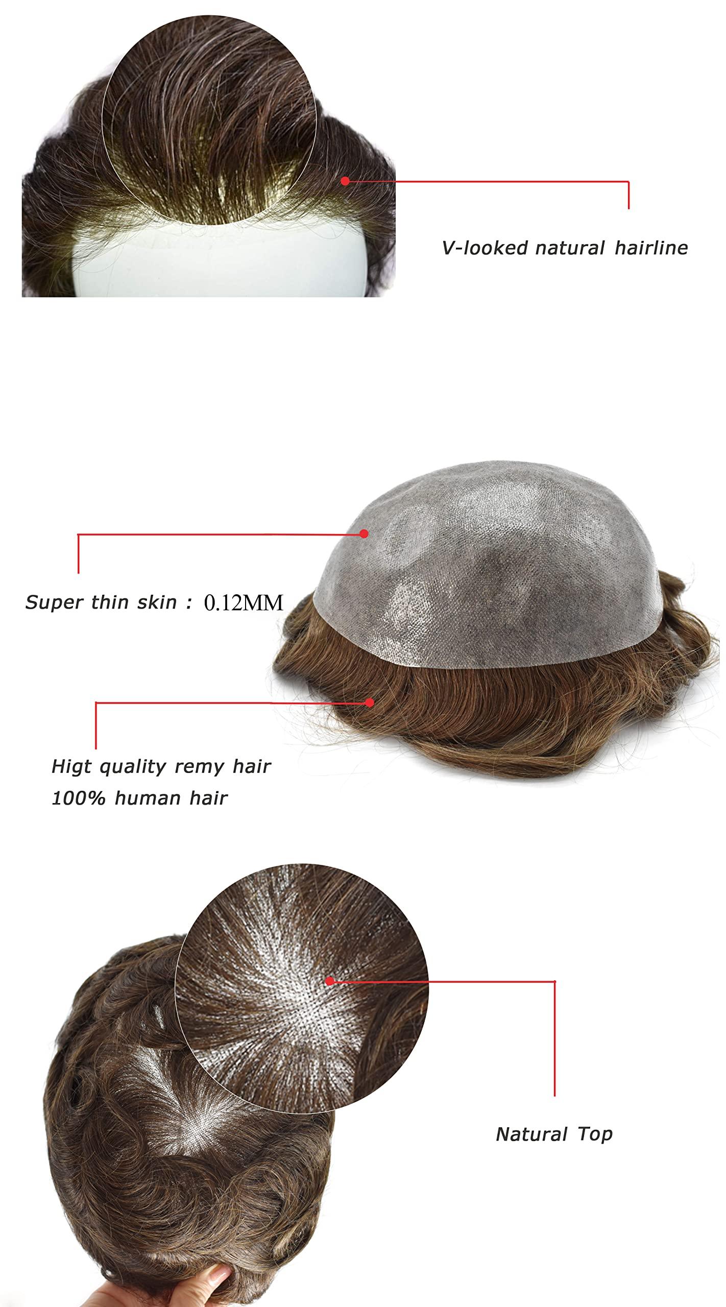LHC Hair System For Men 0.1MM Full Poly Toupee For Men Human Hair ComfortableWiht durable Mens Hair Pieces Protesis Capilar Para Hombre (8\'\'*10\'\', #740 7# VERY LIGHT BROWN WITH 40% SYNTHETIC GREY -110% light to medium density)
