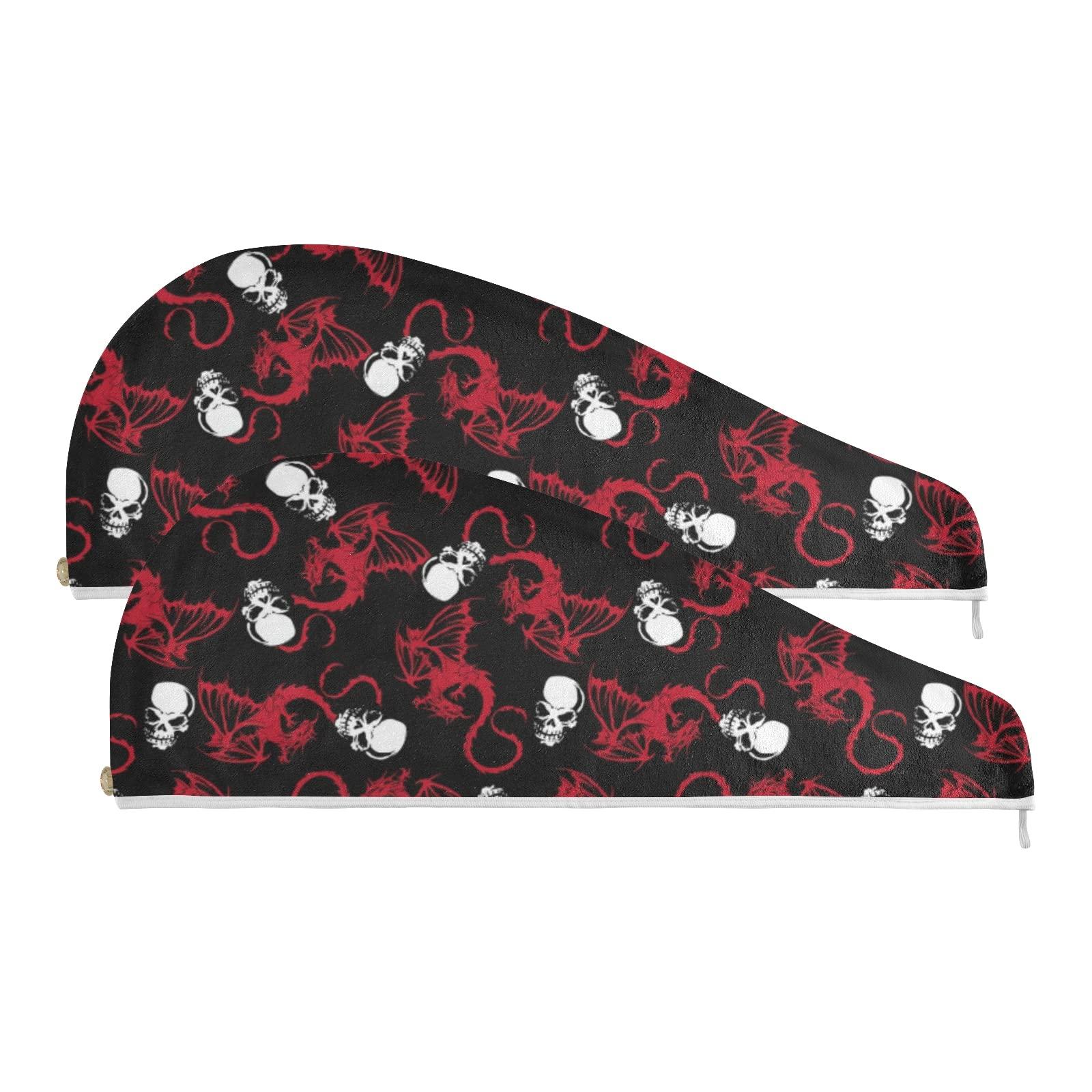 Poeticcity Seamless White Skull and Red Wing Flying Dragon on Dark Black 2 Packs Hair Towel Wrap, Absorbent Turban Bath Hair Towel Hat, Quick Drying Hair Towel with Button for Curly, Long, Thick Hair