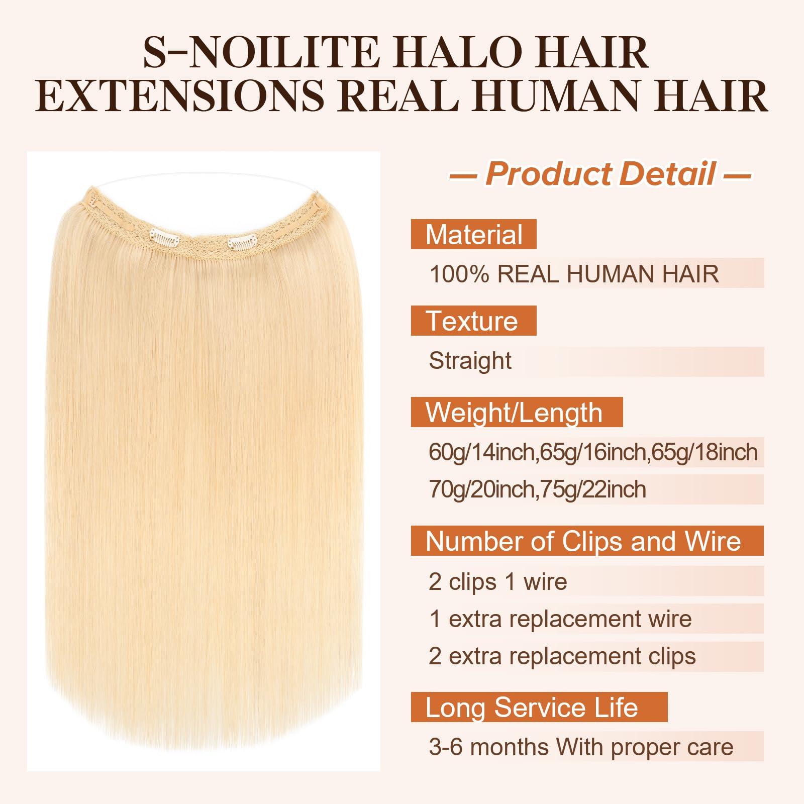 S-noilite Halo Hair Extensions Real Human Hair,S-noilite Halo Hair Extensions,Halo Hair Extension for Women,100% Human Hair Halo Extensions,Halo Hair 75g/22inch 60 Platinum Blonde