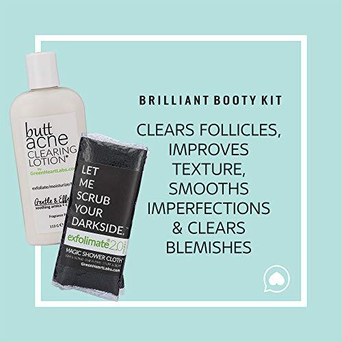 Green Heart Labs Brilliant Booty Kit | Butt Acne Clearing Lotion and ExfoliMATE Magic Body Exfoliating Cloth for Soft & Young Skin (Black)