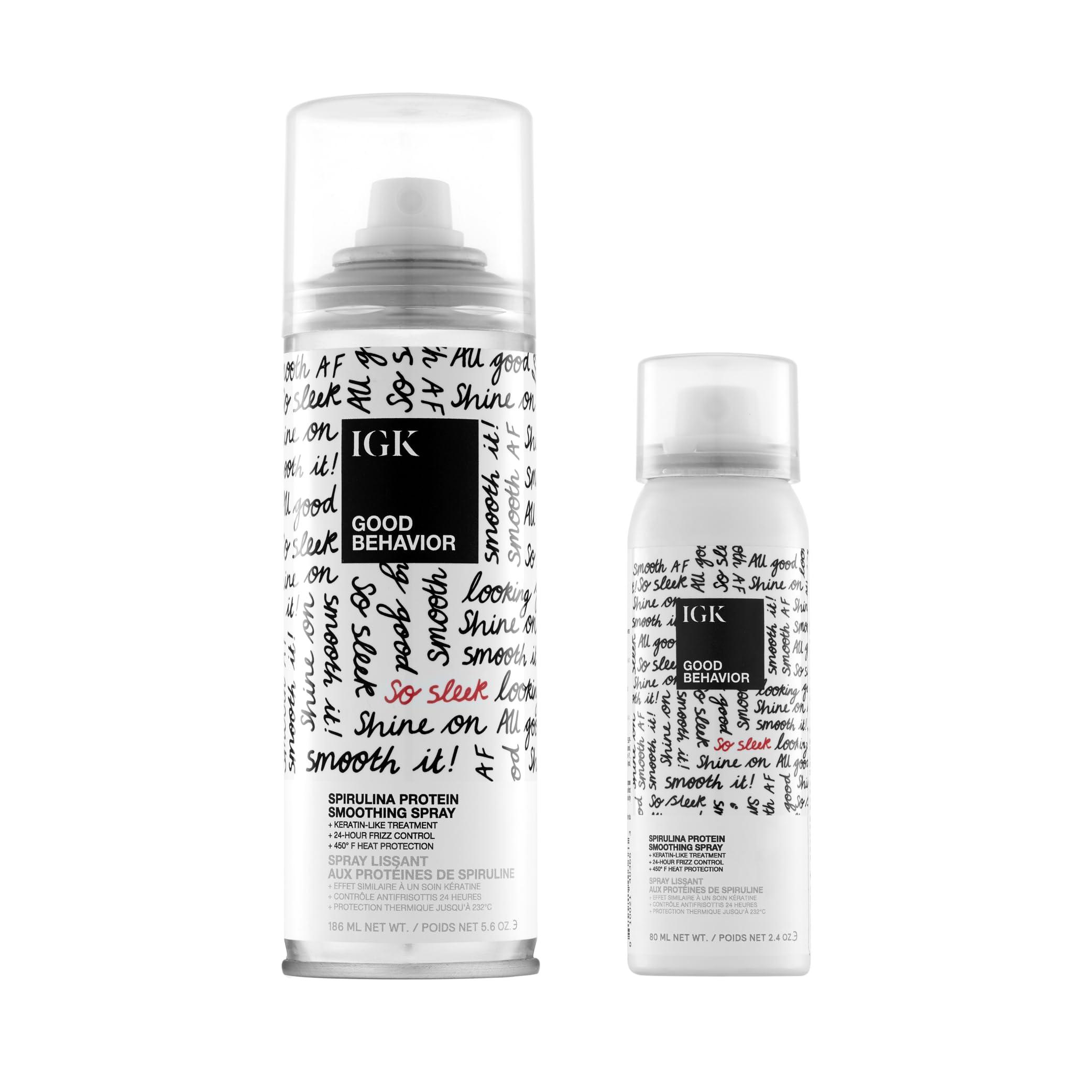 IGK IGK GOOD BEHAVIOR Spirulina Protein Smoothing Spray Travel Bundle | Keratin Like Treatment + Frizz Control + Heat Protectant | Vegan + Cruelty Free | (5.6 Oz + 2.4 Oz)