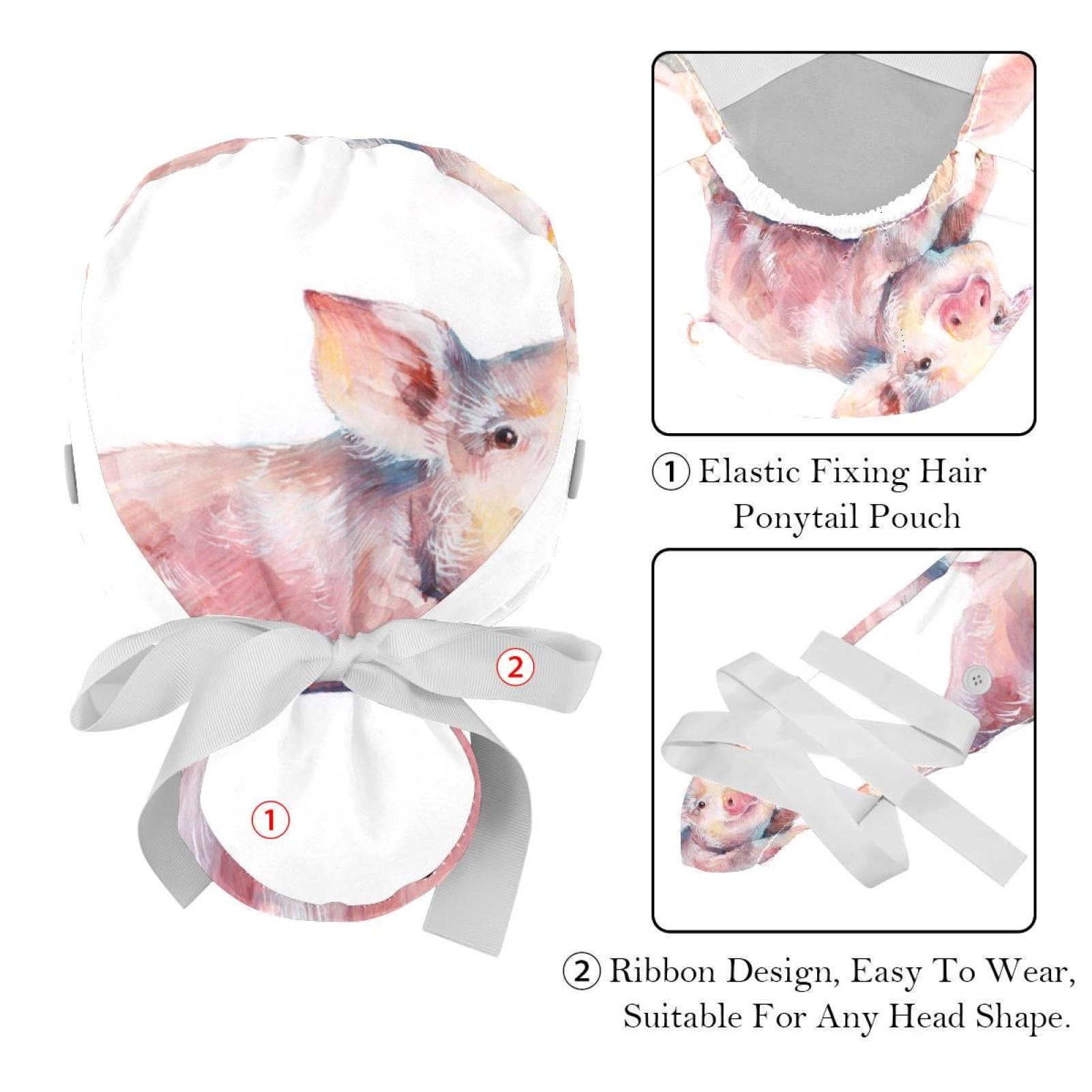 Lyetny Watercolor Cute Piggy On White Scrub Caps Hats Women Bouffant Working Hat Ponytail Holder for Women Long Hair Covers 2PCS