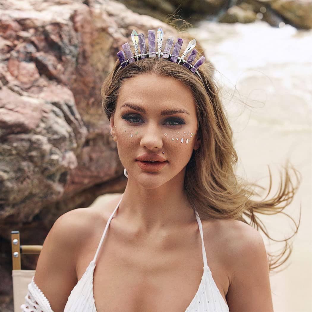 Formery Formery Purple Raw Crystal Crown Silver Amethyst Pendulum Quartz Headband Handmade Natural Stone Headpiece Hair Accessories for Women