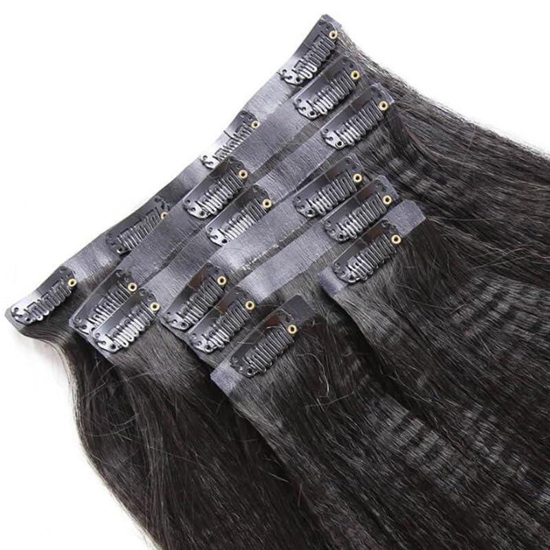 YOUNG BEAUTY Yaki Straight Clip ins Hair Extensions Seamless PU Clip In Human Hair Extensions Invisible PU Skin Weft Virgin Hair Natural Color 14inch 120g 7pcs/Set