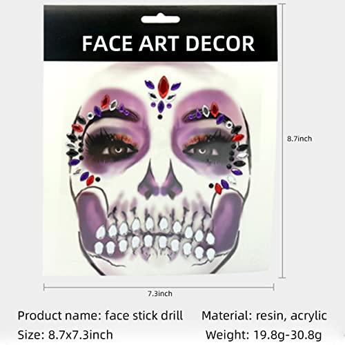 Jacnkb Skull Face Gems Jewels Rhinestone, Halloween Temporary Face Tattoos, Day of the Dead Face Tattoo Stickers, Crystal Body Gems Stick on Face for Festival Rave Party Cosplay 2Pcs