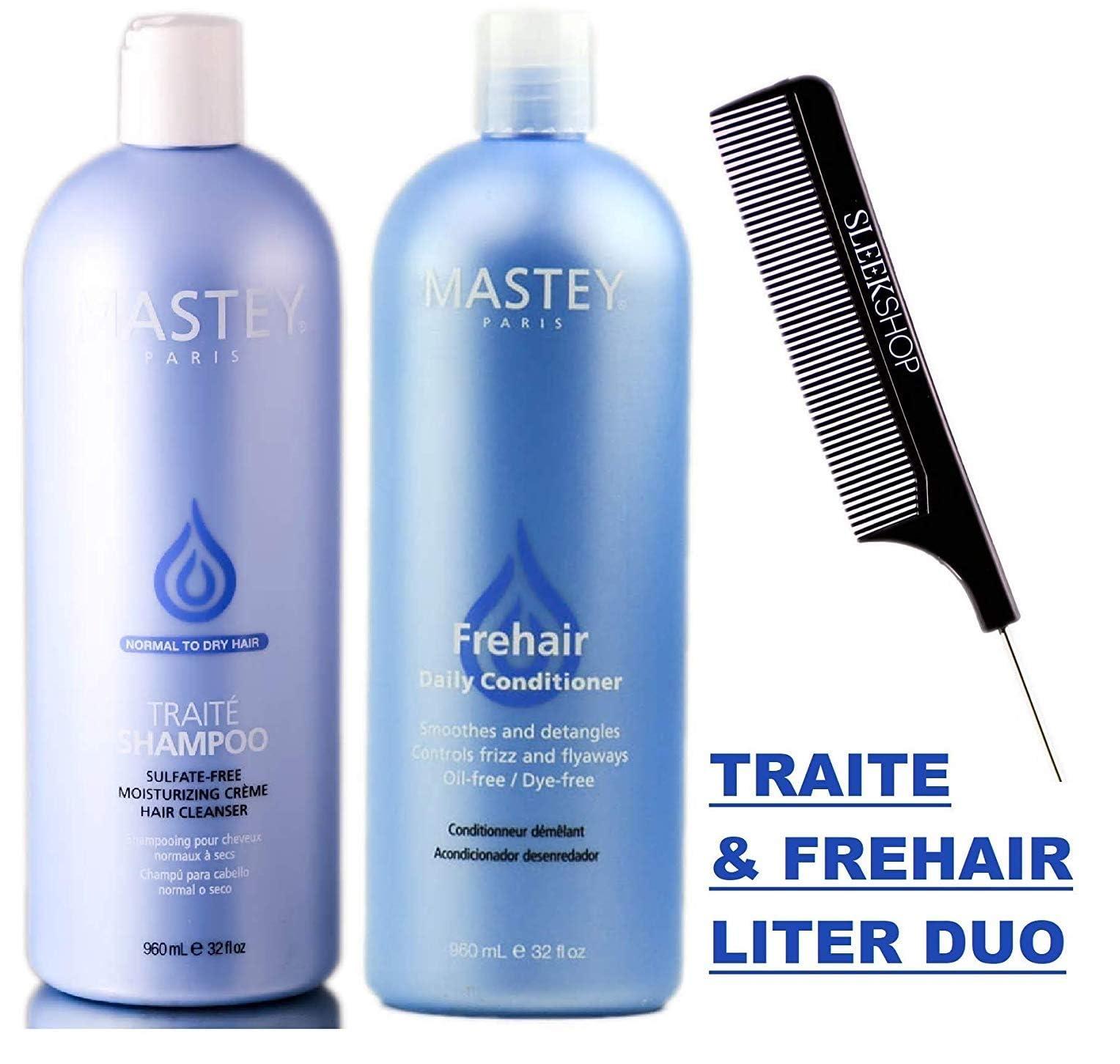 vask vask Paris TRAITE SHAMPOO & FREHAIR CONDITIONER, Sulfate-Free Cleanser & Detangler Duo Set, NORMAL TO DRY HAIR (w/Comb) (32 oz / 960 ml - LARGE LITER DUO KIT)