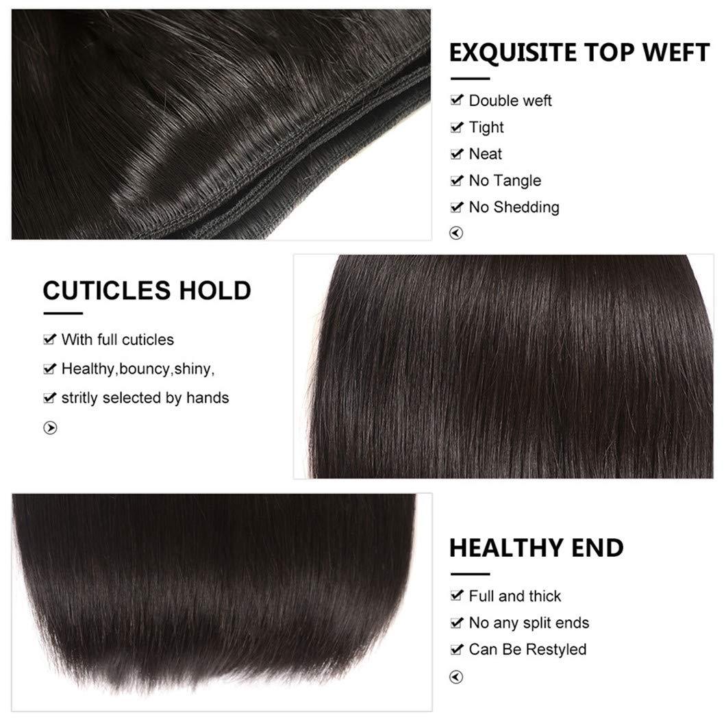 SSJFZM Hair 3 Bundles Human Hair Bundles With Frontal Brazilian Straight Hair Weave Natural Black 100% Remy Hair Extensions Three Part 16 & 18 & 20 & Closure 14
