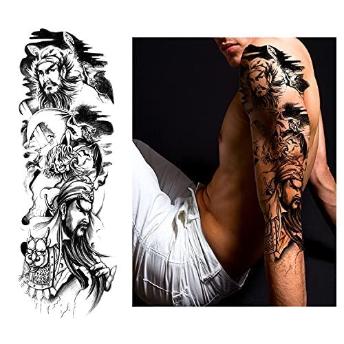 Oioda Full Arm Temporary Tattoo, Sexy 3d Fake Tattoo Stickers Extra Large Long Lasting Waterproof Three Kingdoms Tattoo Sleeve, for Arms Legs Shoulders for Adult Woman Man Kids Teens Black Fashion Body Art