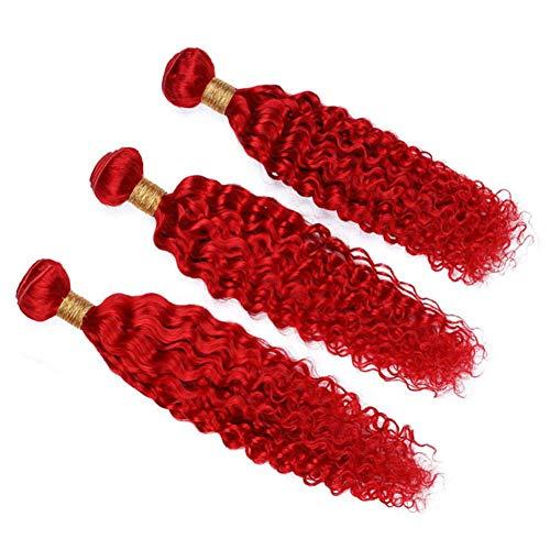 Generic Bright Red Deep Wave Human Hair Weave Bundles Red Color Brazilian Wavy Human Hair Extensions Pure Red Deep Wave Curly Virgin Hair 3 Bundle Deals Mixed Length (10 10 10)