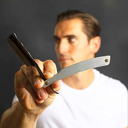 Naked Armor Stainless Steel Straight Razor Travel Kit - Shave Ready Straight Edge Razor, Stainless Steel Straight Razor for Men, Collapsible Shave Brush, Razor Strop, Leather Case, Lightweight, Perfect for Travel