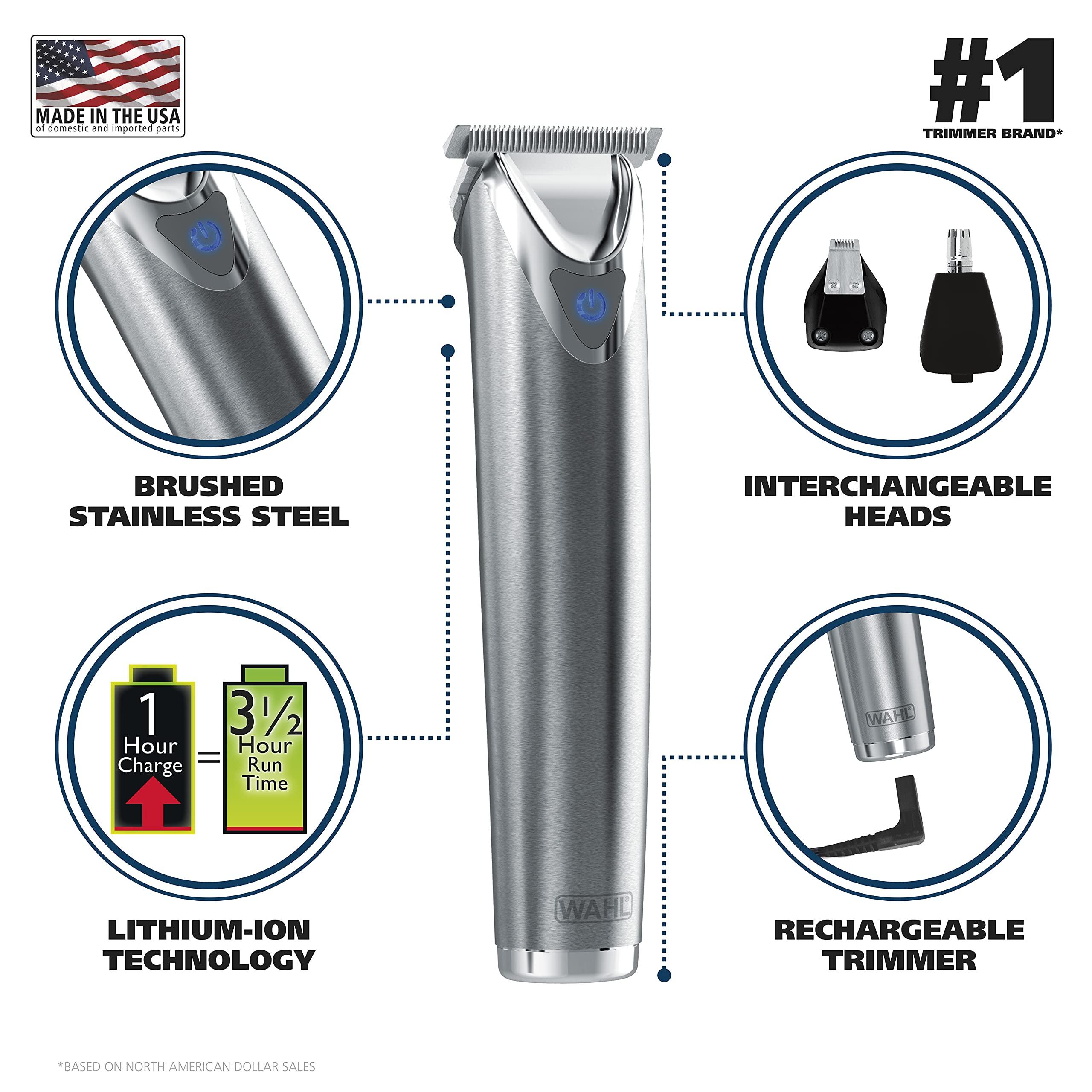 Wahl Wahl USA Stainless Steel Lithium-Ion Cordless Beard Trimmer for Men - Rechargeable All in One Men's Beard Trimmer with Rotary Ear & Nose Trimmer, & Detail Trimmer - Model 9818A