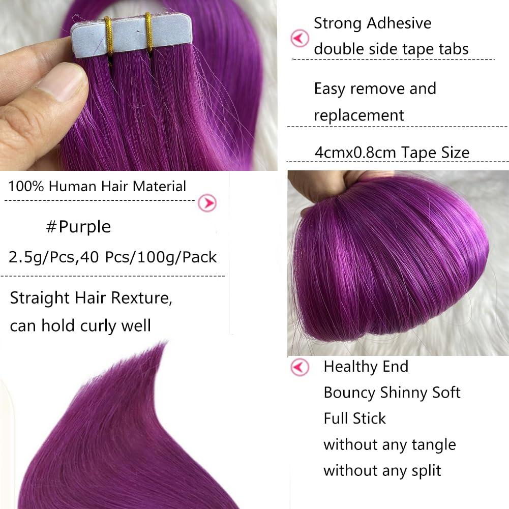 Kiss darling LASHES Tape in Hair Extensions Human Hair, 40pcs 100g 26 inch Highlighted Purple Straight Human Hair Tape in Extensions Skin Weft Tape Extensions Human Hair Full Head