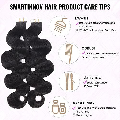 Smartinnov Remy Tape in Hair Extensions for Full Head 40 PCS 100g Natural Black Body Wave Tape in Extension Human Hair for Black Women Reusable Double-Side Seamless Wavy Tape in Hair Extensions 16 Inch