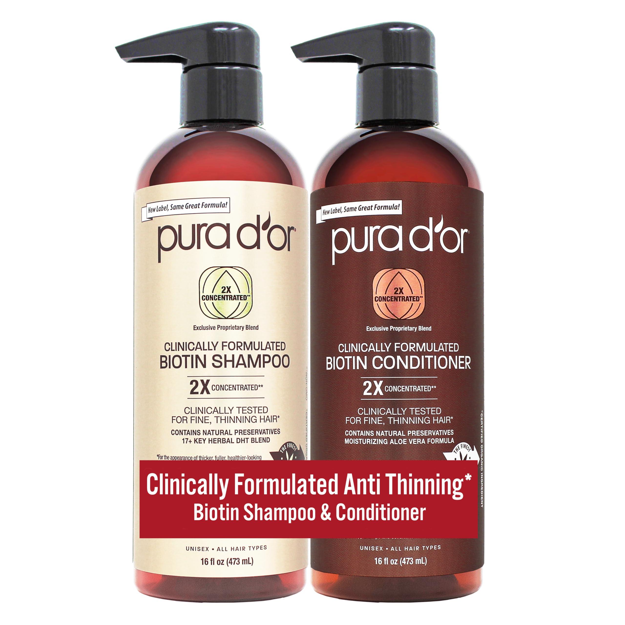 PURA D'OR PURA D\'OR Professional Grade Clinically Formulated Biotin Shampoo & Conditioner For Hair Thinning - 2X Concentrated DHT Blocker Thickening Products For Women & Men, Sulfate Free, 16oz x2