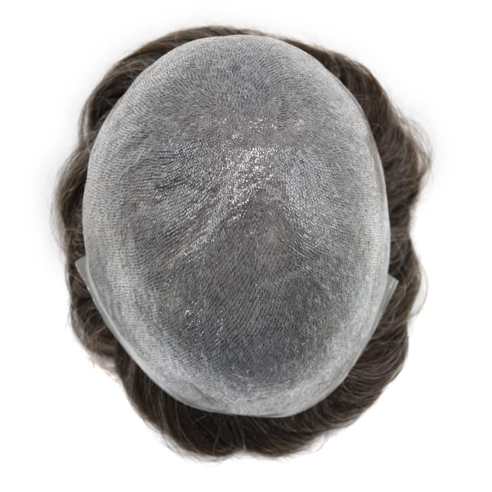 SINGA HAIR Mens Toupee Human Hair Pieces Real Wigs for Mens Hair Systems Replacements 0.06mm V Looped Thin Skin Man Hair Units #330 Dark Brown+30% Gray