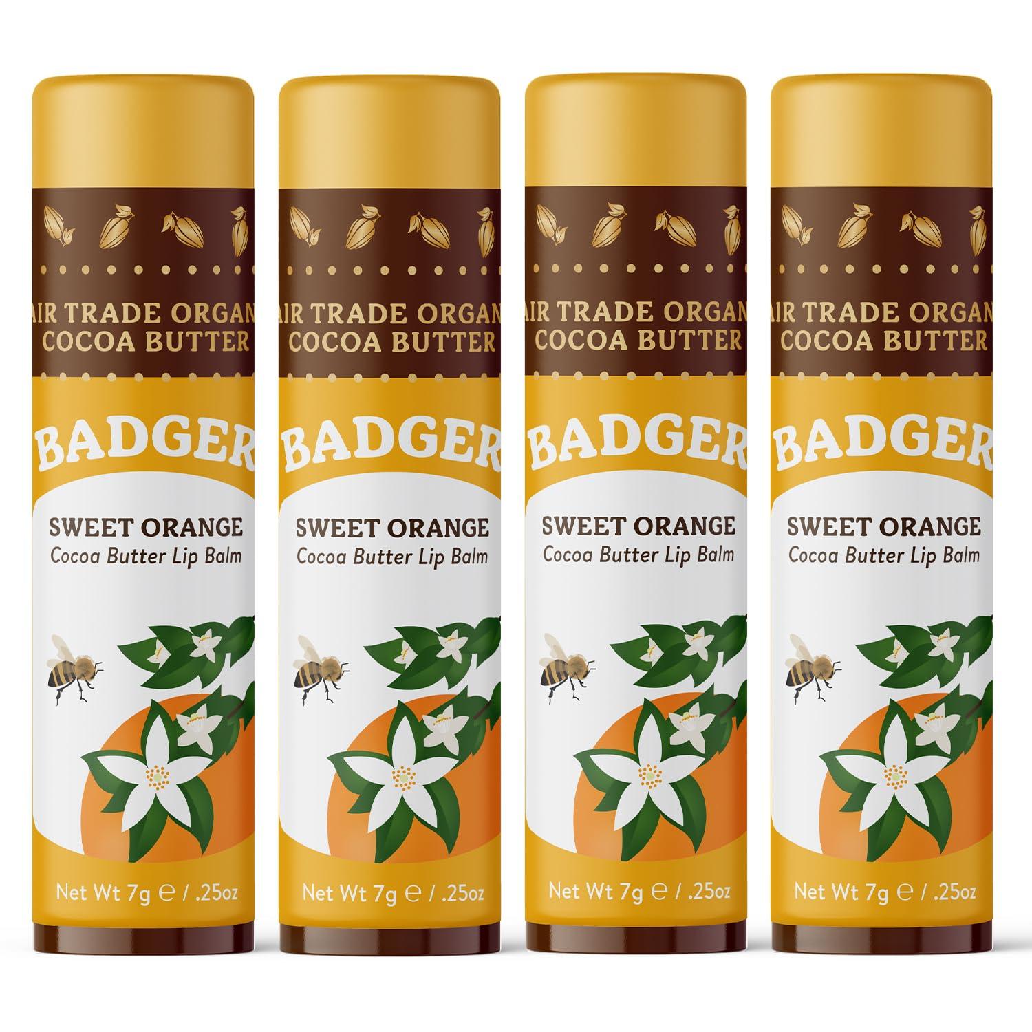 Badger Badger - Cocoa Butter Lip Balm, Sweet Orange, Certified Organic Lip Balm, Fair Trade, Lip Butter, Lip Balm Cocoa Butter, Cocoa Care Lip Balm, 0.25 oz (4 Pack)